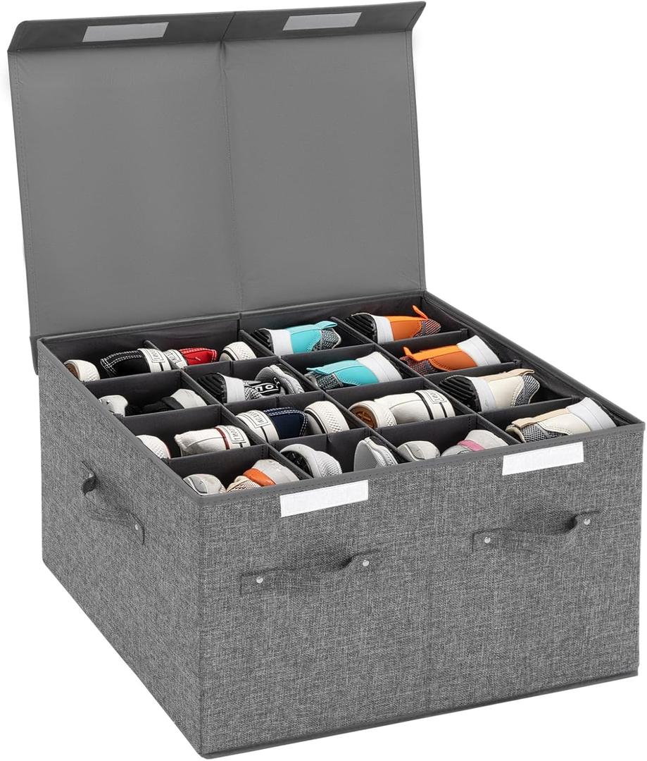 Shoe Organizer for Closet Fits 16 Pairs, Large Shoe Storage Box Bins Containers with Lid and Adjustable Dividers for Shoes, Sneakers and High Heeled, Hard Shell and Stackable (Grey)