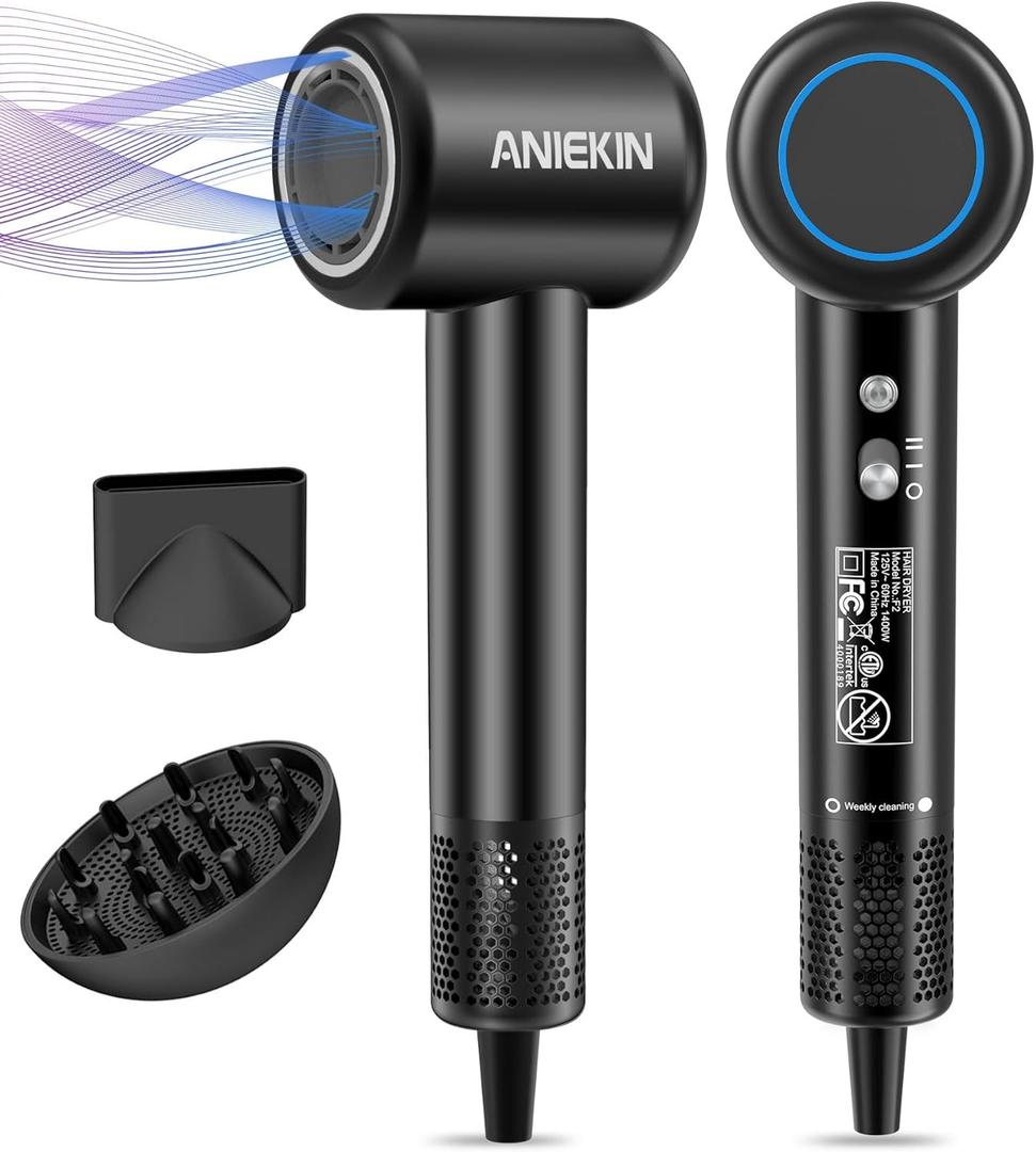 Hair Dryer, High-Speed Ionic Low Noise Blow Dryer with Brushless Motor for Fast Drying, Thermo-Control Quiet Compact Hair Blow Dryer with Magnetic Diffuser for Curly Hair for Home Travel Salon (Black)
