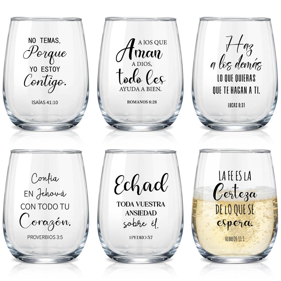 Acellegic 6 Sets Fathers Day Christian Funny Wine Glasses Gifts for Women 15 oz with Jesus Touched Wine Glass Christian Gift for Mom Dad Friend Sister Galentines Friendship Birthday Present(Spanish)
