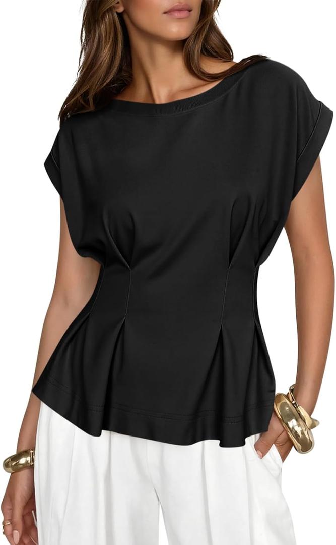 Cicy Bell Womens Peplum Tops Summer Babydoll Cap Sleeve T-Shirts Dressy Casual Crew Neck Pleated Blouses (Large, Black)