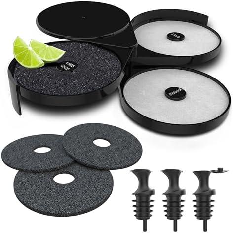Esatto Glass Salt Rimmer 3 Tier for Margarita Tray and Cocktail, Black with 2 Extra Sponge’s + 3 Pourers – Apply Salt, Sugar, and Lime Juice for Better Drinks and Efficient Drink Preparation