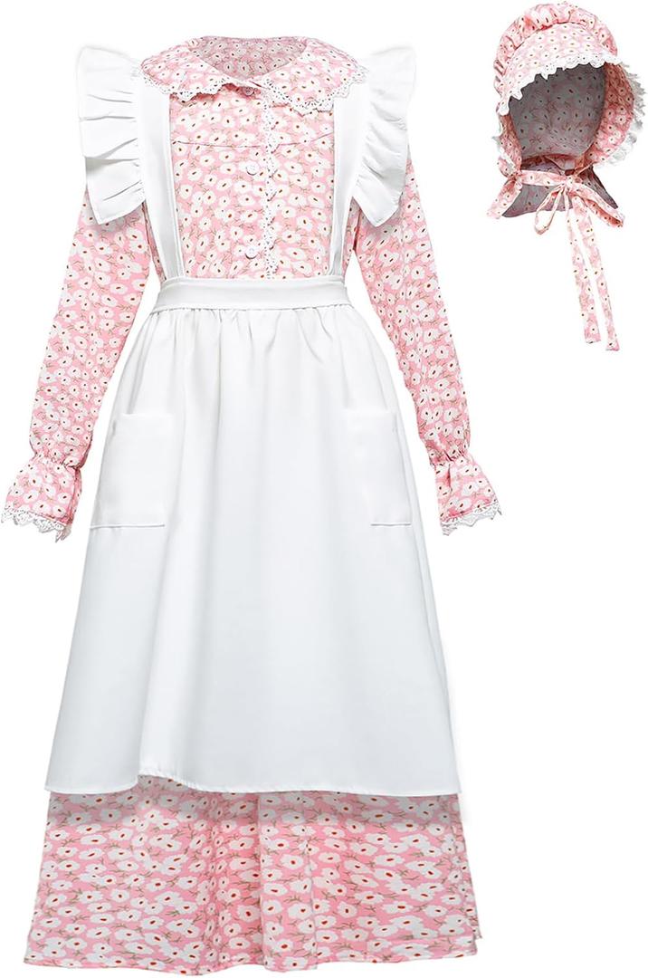 Colonial Dress Girls Laura Ingalls Wilder Costume Pioneer Dresses for Girls (9-10Y, Pink)