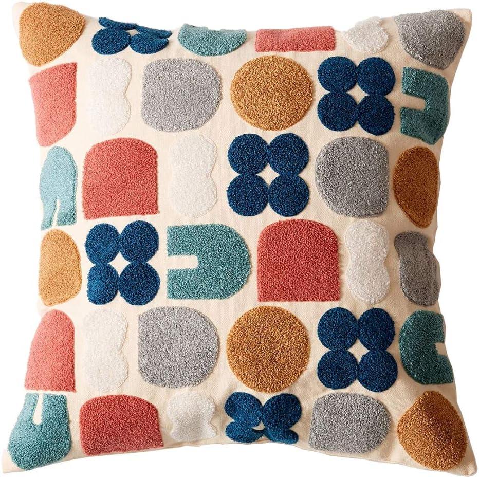 vctops Boho Geometric Tufted Decorative Throw Pillow Cover Farmhouse Cotton Embroidery Accent Square Cushion Case for Couch Sofa Bed (EmbroideryK, 18"x18")