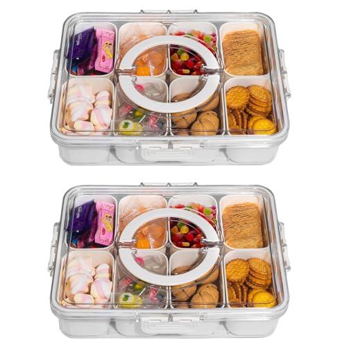 WACOI Divided Snack Serving Tray with Lid and Handle Travel Snackle Charcuterie Container Portable Storage Organizer for Candy, Fruits, Nuts, Snacks, Party, Picnic 2 Packs White