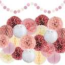 EpiqueOne 22-Piece Tissue Paper Pom Poms Party Set - Pink, Rose, Mauve & Cream | Includes 12 Pom Poms, 5 Paper Lanterns, 4 Honeycomb Balls & 1 6.5 ft. Garland | For Birthdays, Baby Showers & More