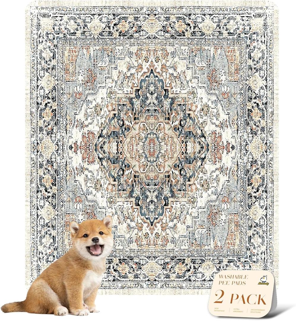 nunubaby Washable Pee Pads for Dogs, Stylish, Non-Slip and Leak-Proof Pee Pads. Reusable Potty Pads for Dogs for Crates and Floors.(Beige/Multi, 31" x36" ) (31x36 Inch (Pack of 2))