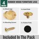 FoDau770 Rubber Wood Furniture Legs 4 Inch, Mid-Century Modern Couch Feet Heavy Duty Sofa Legs Set of 4, Vintage Dresser Feet Round Ottoman Leg Bun Feet Replacement Leg for DIY Furniture Projects