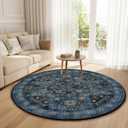 Round Rug 4ft Vintage Boho Small Circular Rug Washable Circle Rug Non-Slip Low Pile for Bedroom Kids Room Office Entryway College Dorm Bathroom, Blue