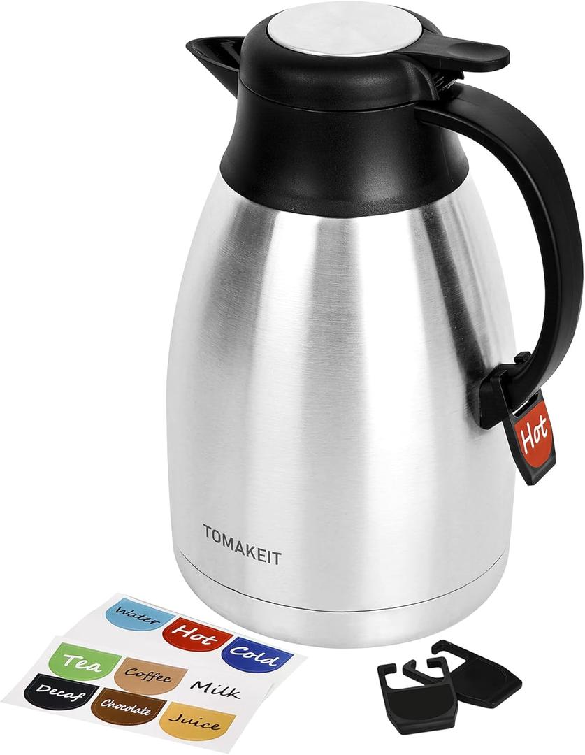 TOMAKEIT Thermal Coffee Carafe with Hang Tag, 2L/68 Oz Stainless Steel Vacuum Insulated Thermoses, Double-Wall Design, 24-Hour Hot & Cold, Leak-Proof, Portable for Travel,Camping,Office (Silver)