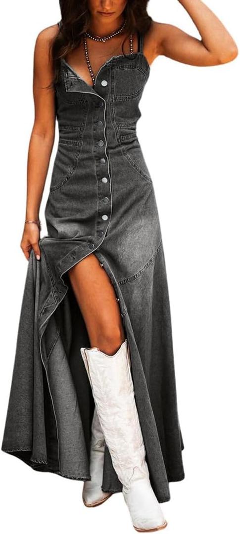 Chouyatou Women's Spaghetti Strap Smocked Back Denim Dress Button Down A-Line Swing Flowy Maxi Jean Dress (X-Large, Grey)