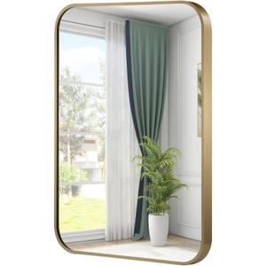 Gold Mirror, 24x36 Inch Framed Rectangle Mirror with Rounded Corner, Brushed Brass Mirror, Gold Bathroom Mirror for Over Sink, Vanity, Living Room, Bedroom, Horizontal/Vertical