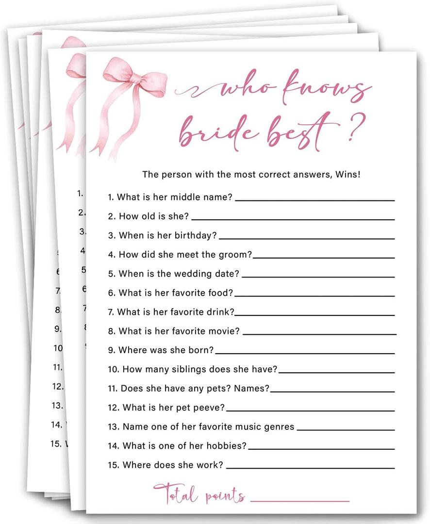 Bridal Shower Games - Who Knows The Bride Best, Wedding Shower Bachelorette Party Game, Bridal Shower Games 30 Guests/P02