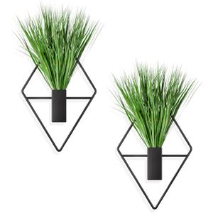 Cute Set of 2 Small Wall Hanging Planters, 10x5 Inch Mini Geometric Wall Vase with Artificial Plants, Compact Boho Farmhouse Decor for Bathroom, Living Room, Bedroom, Office (Black)