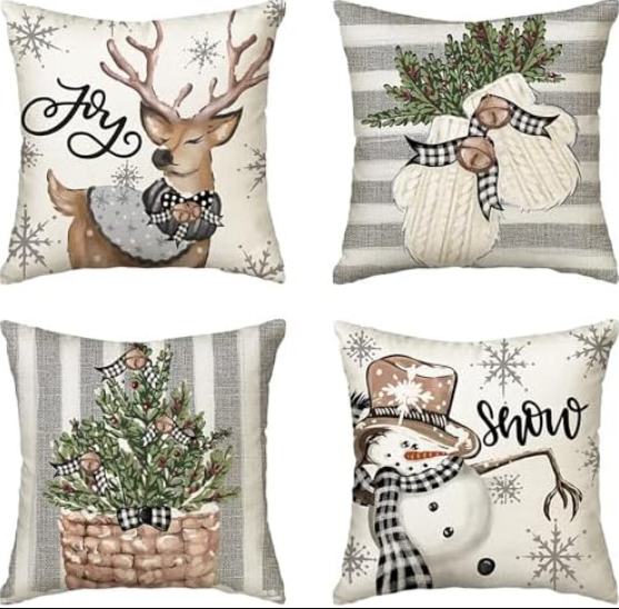 Christmas Outdoor Pillow Covers, 18 x 18 inch Set of 4 Waterproof Throw Pillow Cases, New Year Cushion Decor for Home Outside Patio Front Porch House Farmhouse 2024(Style A)