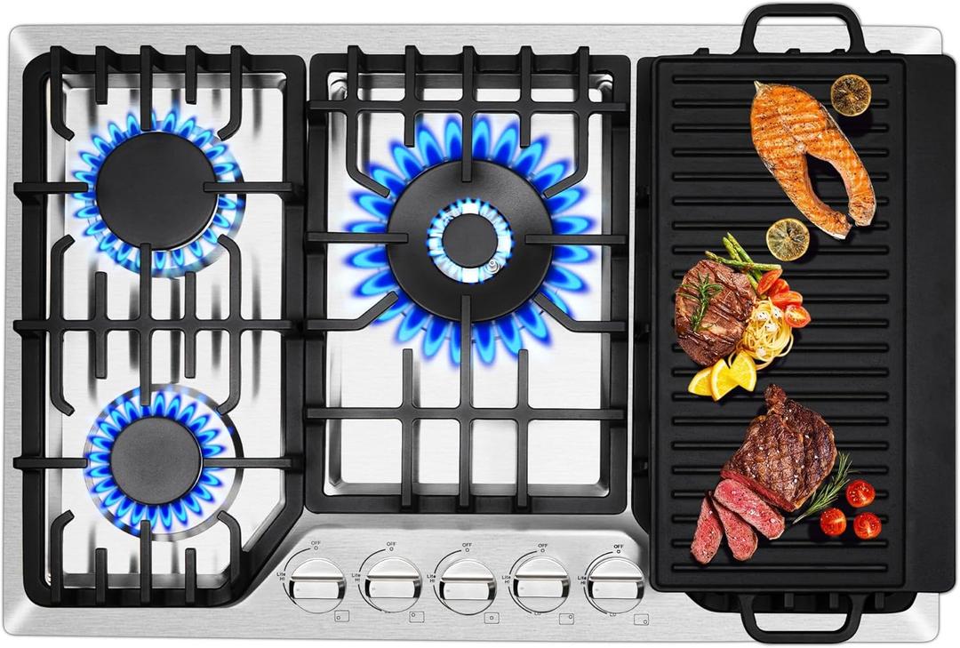 30 Inch Bulit-In Gas Cooktop with Griddle, 5 Italy SABAF Powerful Burners Over 92% High Efficiency, Max 48300BTU Gas Stove Top, 304 Stainless Steel Panel, NG/LPG Convertible, CSA Certified