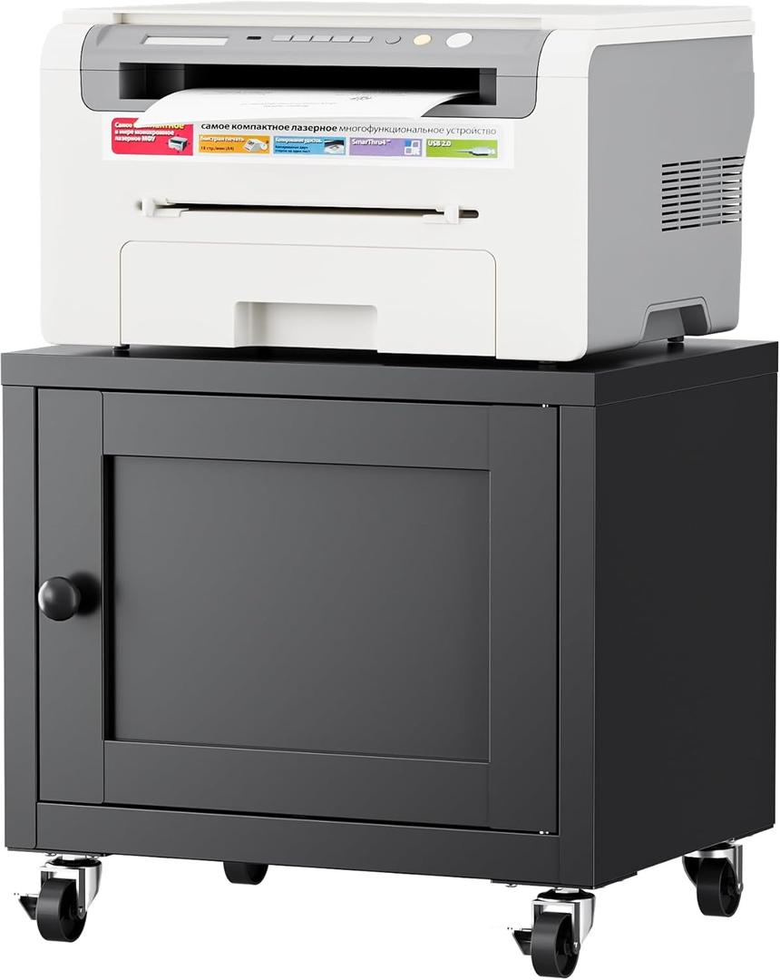 Small Printer Stand with Storage, Home Office Printer Table for Small Spaces, Under-Desk 3D Printer Stand with Wheels, for Office Copier and Fax Machine, Black (14.6"H)