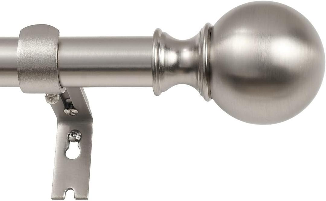 Brushed Nickel Curtain Rods for Window 36 to 72 Inch, Adjustable 1-Inch Thicken Single Drapery Rods, Telescoping, Decorative Round Finial