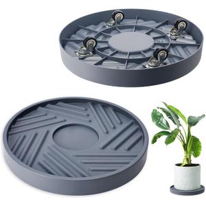REDHUGO 2PCS Round Plant Caddy with Hidden Wheels, Heavy Duty Rolling Plant Stand Caddy with Wheels, Pot Base for Indoor Outdoor, Gray, 14 inches