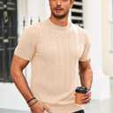 Runcati Mens Knit Short Sleeve T Shirts Casual Crewneck Slim Fit Shirt Cable Knitted Stretch Pullover Tees Beige (Beige, M)