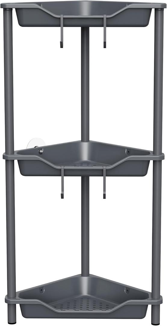 Orimade Rustproof 3 Tier Floor Standing Corner Shower Caddy Organizer, Plastic Metal Splicing Floor Corner Shelf Rack Stands for Bathroom, Grey