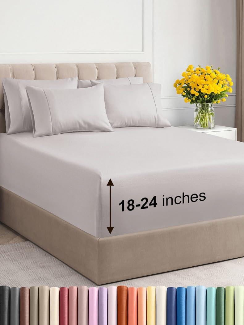 Extra Deep King Sheet Set - 6 Piece Breathable & Cooling Sheets - Hotel Luxury Bedding Set with 18-24 Inch Extra Deep Pockets - Easy Fit - Super Soft, Wrinkle Free and Comfy - Light Grey, King Size