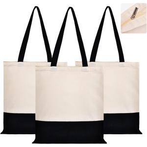 Canvas Tote Bag with Zipper & Inner Pocket, Reusable Grocery Shopping Bags, Fashionable Tote Bag ([A0] Off White / Black)
