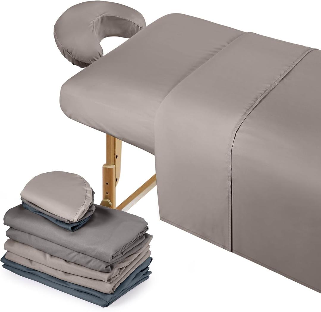 Kinlop 3 Sets Microfiber Massage Table Sheet Set 3 Colors 3 Piece Set Includes Massage Flat Sheet Fitted Sheet and Massage Face Rest Cover Stain Wrinkle-Resistant(Purple Gray, Dark Gray, Khaki)