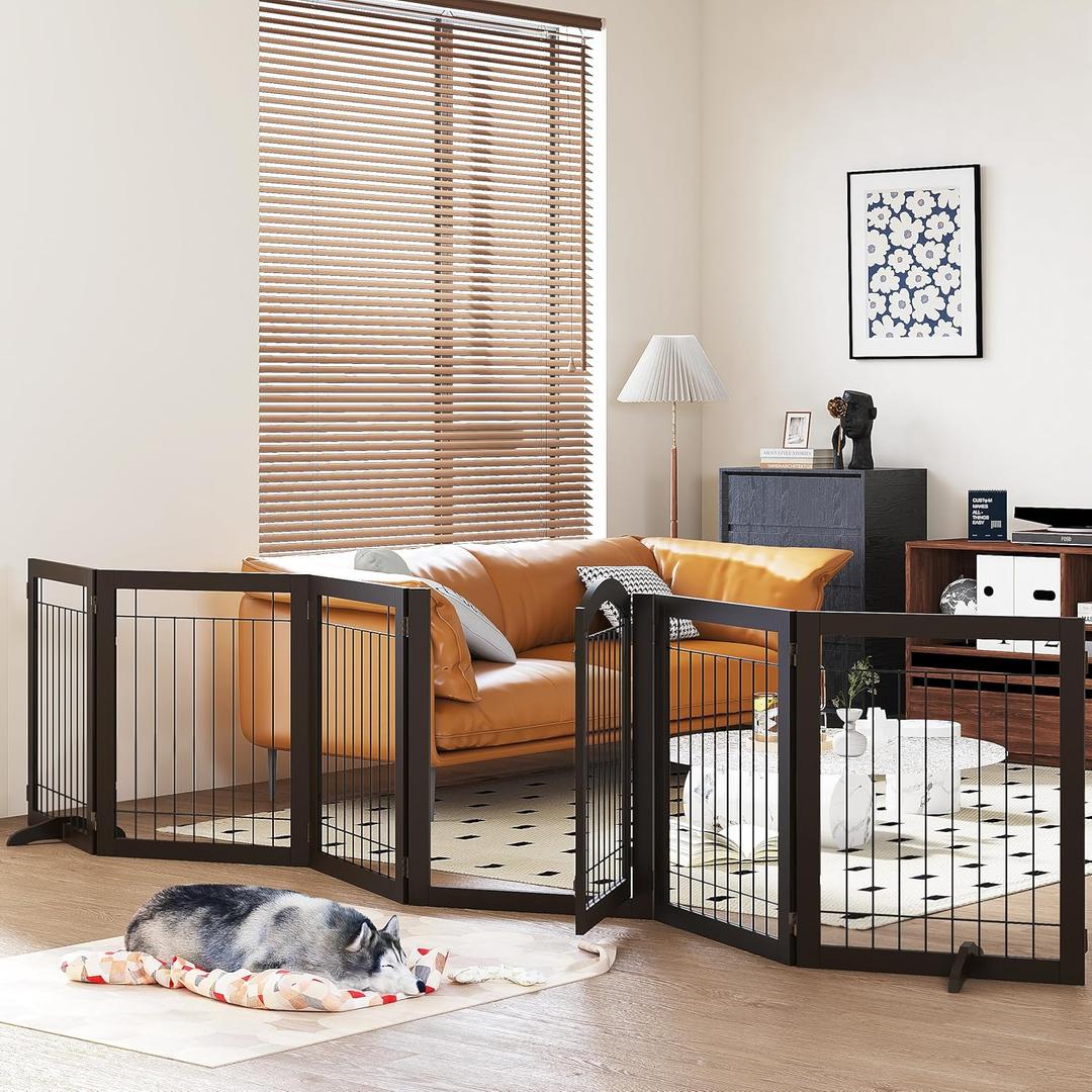 PAWLAND 144-inch Extra Wide 30-inches Tall Dog gate with Door Walk Through, Freestanding Wire Pet Gate for The House, Doorway, Stairs, Pet Puppy Safety Fence, Support Feet Included, Espresso,6 Panels (6 Panels with Door144"W x 32"H)