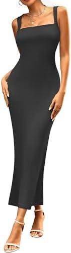 YESTTO Women's Maxi Bodycon Dresses Square Neck Sleeveless Elegant Cocktail Party Club Long Tank Dress XS