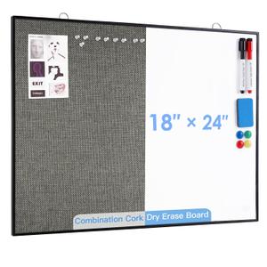 ARCOBIS Cork Board White Board Combo, 24"X18" Linen Bulletin Board Whiteboard for Wall, Double-Sided Magnetic Dry Erase Corkboard for Home, Office, School, Grey