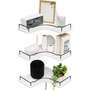 L-Shaped Corner Floating Shelves Set of 3,Rustic Wood Wall Mounted Storage Shelves,Display Shelf for Bathroom, Kitchen,Bedroom, Living Room, Office (White)