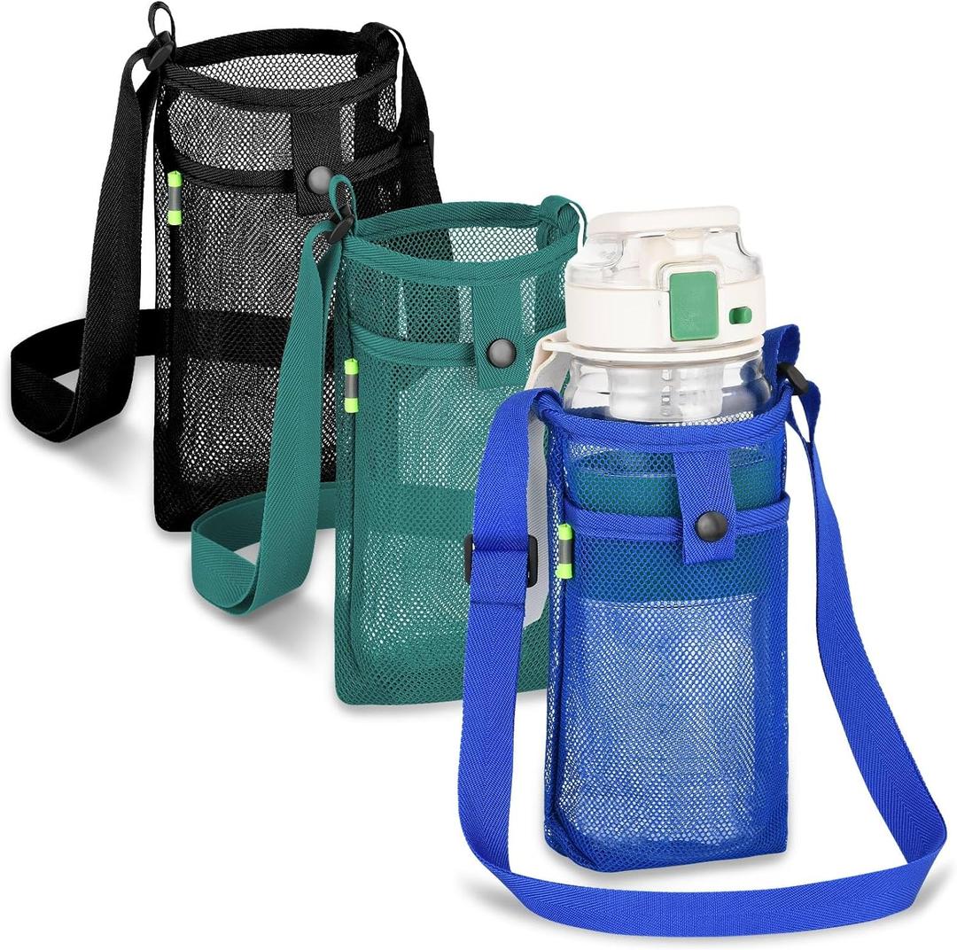 3Pcs Water Bottle Holder with Strap, Mesh Water Bottle Bag Carrier with Adjustable Shoulder, Water Bottle Carrier with Strap and Pouch for Walking and Travelling (Black/Blue/Green)