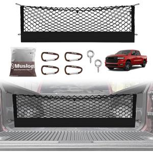 Muslogy Truck Bed Cargo Net Trunk Netting Compatible with Dodge Ram 1500 2019-2025 2026 Accessories, Pickup Cargo Organizer SUV Sedan Storage Net w/Heavy Duty Carabiners