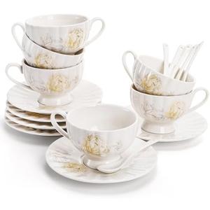 Amazon.com | WRINGKIT Tea Cups and Saucers Set of 6, 7 Oz Floral Tea Cups, White Porcelain Tea Cup with Saucer, British Coffee Cups Sets for Women Teas Party, Cappuccino, Latte, Microwave Safe: Cup & Saucer Sets