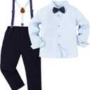 DISAUR Boy Formal Suits Wedding Outfit Long Sleeve Button Down Dress Shirt Bow Tie Suspender Pants Gentleman for 8-9 Years (Blue, S)