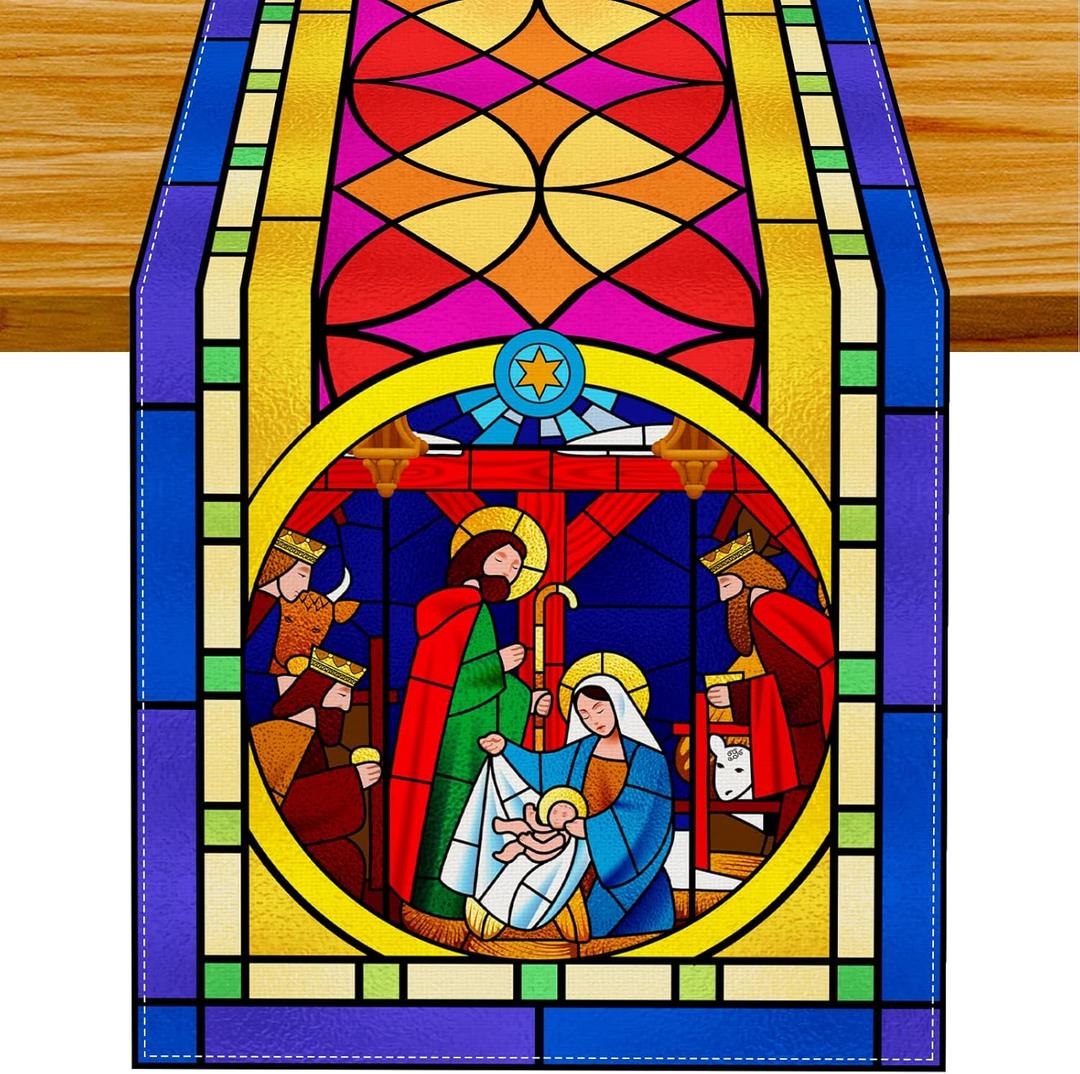 Linen Christmas Nativity Scene Table Runner Oh Holy Night Nacimientos De Navidad Decor Birth of Jesus Christmas Religious Manger Scene Decorations and Supplies 13x72 Inch