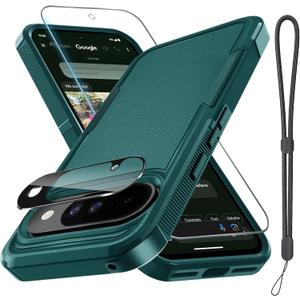 for Google Pixel 10 & Pixel10 Pro Case with Wrist Lanyard Strap+Tempered Glass Screen Protector+Camera Lens Cover,Full Body Heavy Duty Rugged Shockproof Protective Phone Cover,Dark Green