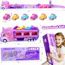 Unicorn Truck Toys for 2 3 4 5 6 7 Year Girl Toddler Foldable Track 2 Player Race Mode Friction Power Toy Cars Light&Sound Push Transport Carrier W/ 6 Princess Cars Birthday Gift Idea for Kids Girls