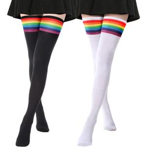 DRESHOW Extra Long High Thigh Socks Striped Over Knee Thin Tights Long Stocking (2 Pairs Rainbow Stripe: White, Black)