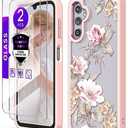 DagoRoo for Samsung Galaxy A14 5G Case with Tempered Glass Screen Protector [2 Pack],[Military Grade Protective] Slim Soft TPU & Hard PC,Girls Women Crystal Clear Flower Pattern Case-Ranunculus/Pink