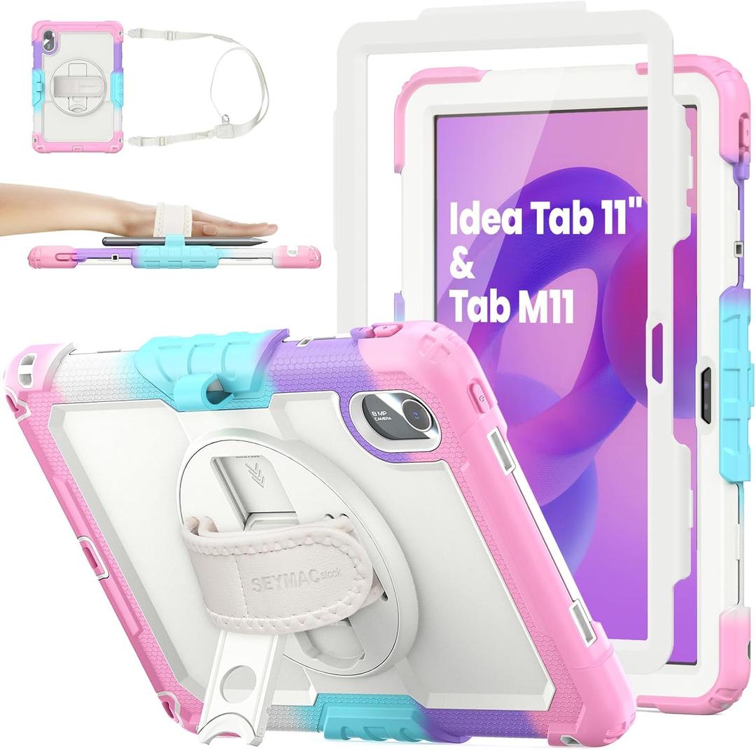 SEYMAC stock Tablet Case for Lenovo Idea Tab 11'' / M11 (TB336FU/TB330FU) 11 inch Drop-Proof Protection Cover with 360 Rotate Stand & Strap [Pen Holder] & Screen Protector 2025/2024, Beige+Pink
