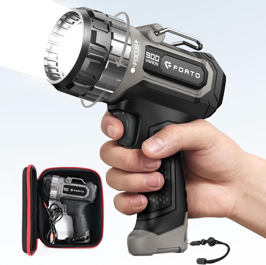 FORTO Compact Rechargeable Spotlight with Adjustable Focus, 1400 Lumens Handheld Spotlight with Stand, 823m Range, 3 Light Modes and LED Spot Lights Outdoor for Boating Hunting Camping Hiking (Brown)