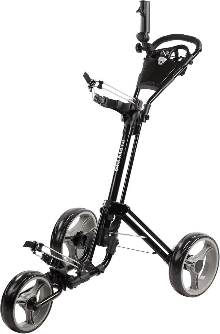 Golf Push Cart 3 Wheel with Foot Brake  1-Second Fold/Unfold, Adjustable Handle, Umbrella Holder, Beverage Compartment & Storage | Lightweight Aircraft-Grade Aluminum Frame (Black/Charcoal)