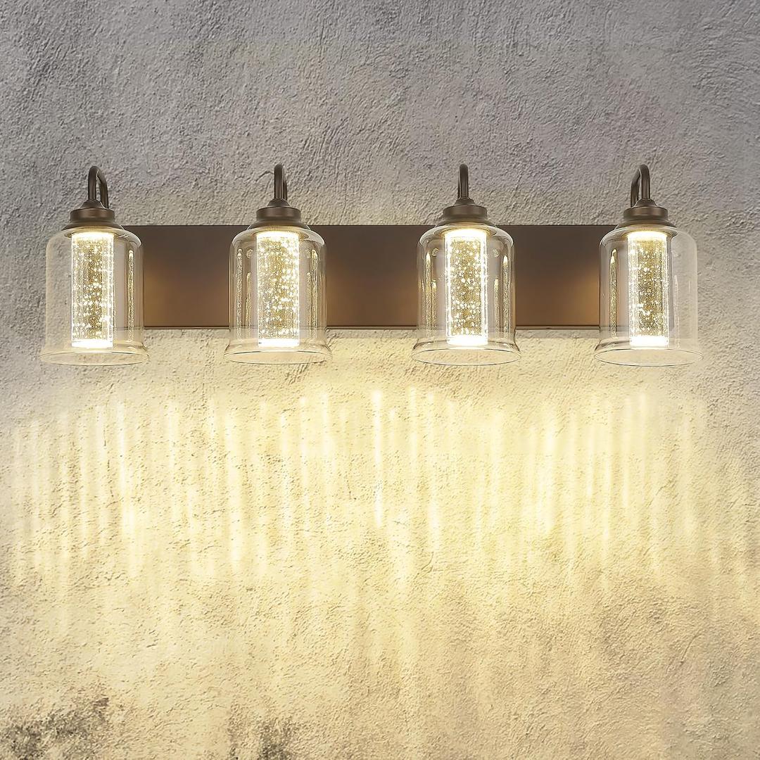 Zeyu 20W LED Vanity Light Bathroom, 4-Light Farmhouse Vanity Lighting Over Mirror with Crystal Bubble and Clear Glass, 5CCT Adjustable, Oil Rubbed Bronze Finish, ZSL72B-4W LED ORB-1