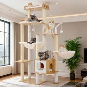 Heybly Cat Tree, 70.5 Inch Wood Tall Cat Tower for Large Indoor Cats with Extra Stable Structure, Modern Cat Furniture with All-Sisal Scratching Posts, Cat Condo & Hammocks, Walnut HCT121WB