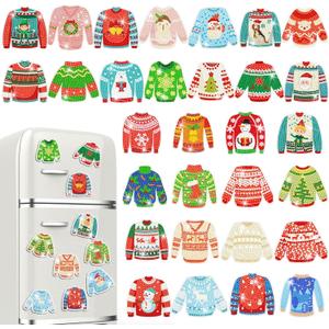30 Pcs Christmas Magnetic Diamond Art Decor Holiday Ugly Sweater Diamond Magnets Kits Winter Fridge Magnet Refrigerator Sticker DIY Art Craft for Beginners Gifts Home Car Garage Decors