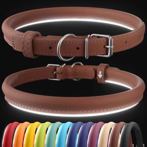 CollarDirect Reflective Rolled Leather Dog Collar, Soft Padded Round Puppy Collar, Handmade Genuine Leather Collar Dog Small Large Cat Collars 13 Colors (11-14 Inch, Cinnamon Smooth) (Brown)