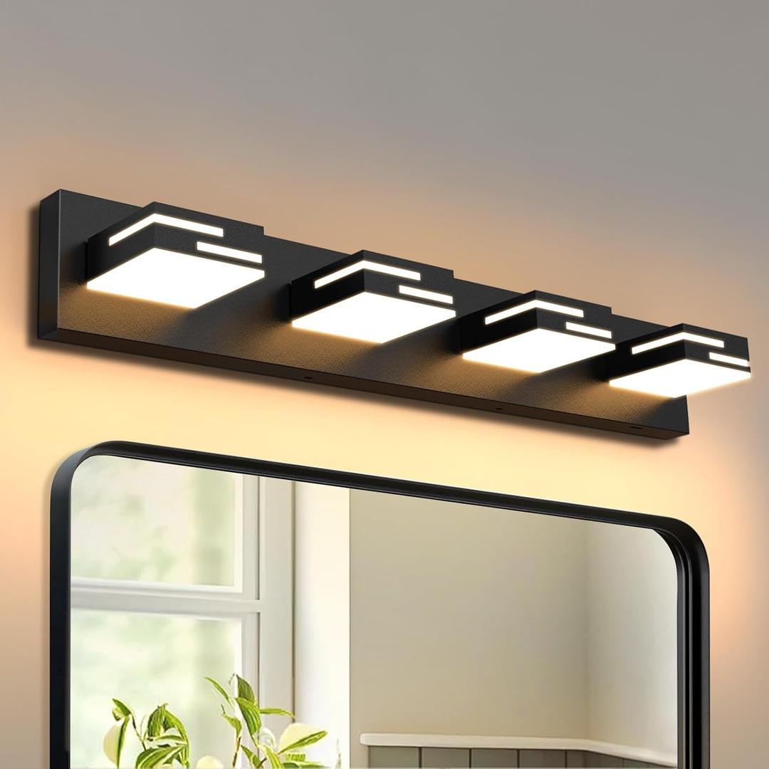 LED Modern Bathroom Vanity Light Fixtures 4-Light 5CCT Dimmable Matte Black Vanity Lights for Bathroom Lighting Fixtures Over Mirror, with 350 Rotatable Acrylic Heads, 28-inch