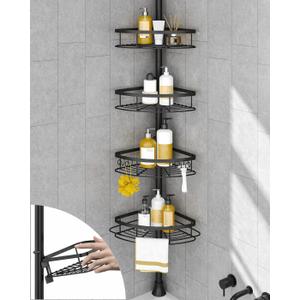 SEIRIONE Rustproof Shower Corner Caddy Organizer for Bathroom, 4-Tier Adjustable Bathroom Shelf with Tension Pole, Solid Rack Ideal for Bathtub Storage, 34 to 116 Inch Height, Black