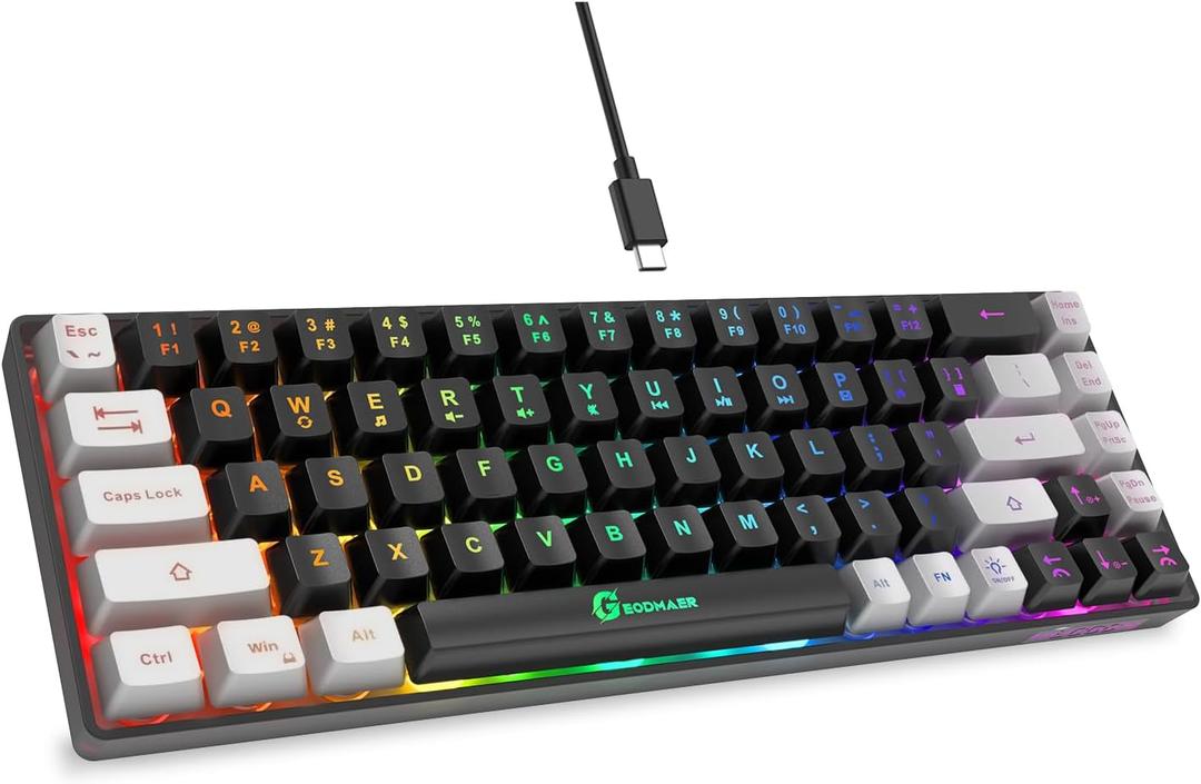65% Gaming Keyboard, LED Backlit Mini Wired, Ultra-Compact Anti-Ghosting No-Conflict 68 Keys for PC Laptop Windows Gamer (Black-Grey)